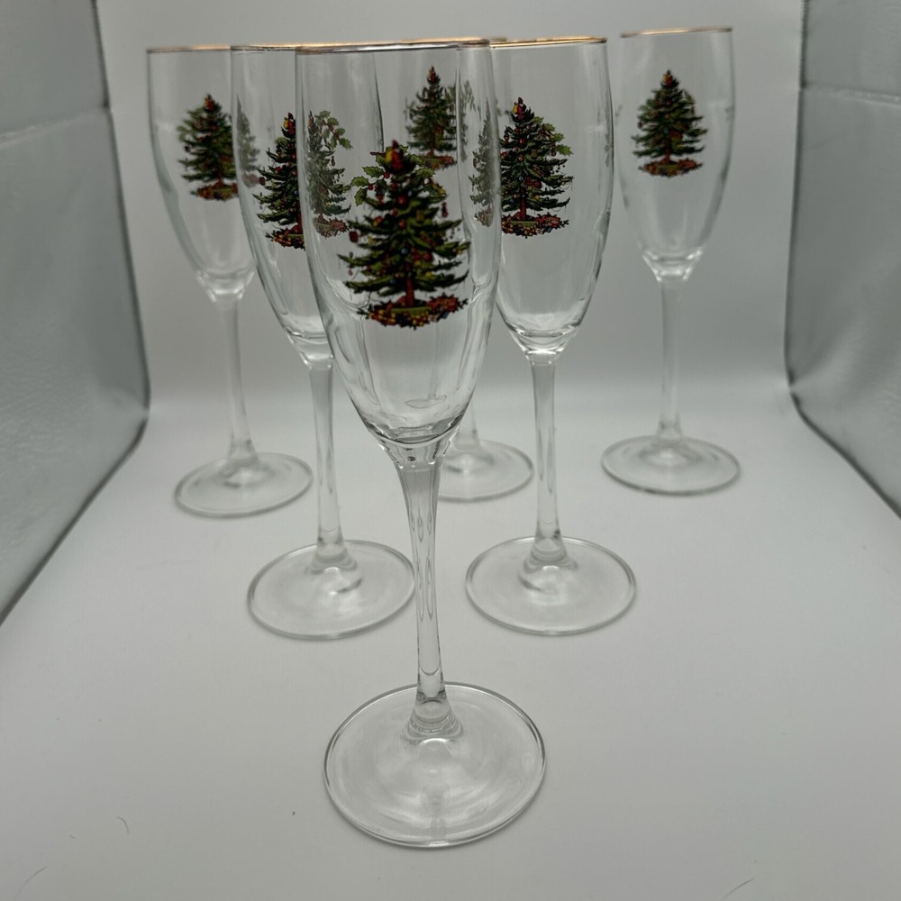 Set of 6 Spode Christmas Tree Clear Champagne Flutes Glasses Gold Rimmed EUC